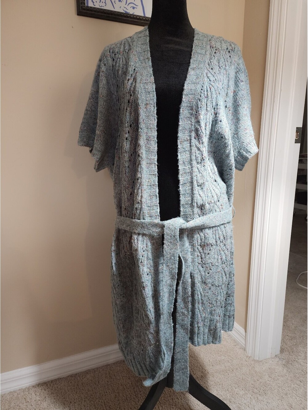 CJ Banks Women's 2X Light Blue Speckled Knit Short Sleeve Belted Cardigan
